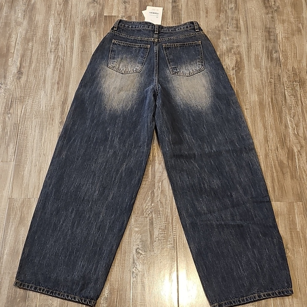 NWT Oak + Fort Jeans Mid-Rise Curved Leg Dark Wash Denim Pants XS Baggy Relaxed - Picture 9 of 11